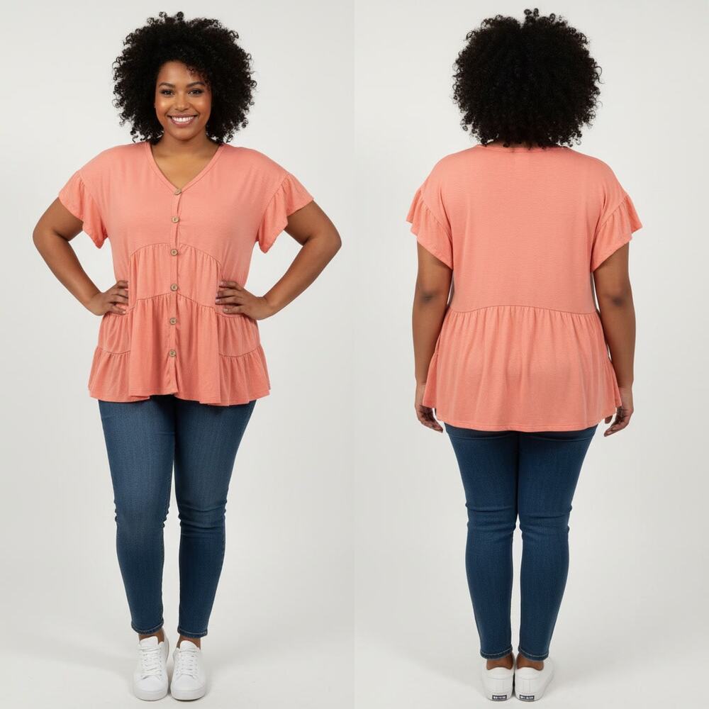 1296 - Emerald Peach Tiered Blouse with wood buttons - Medium